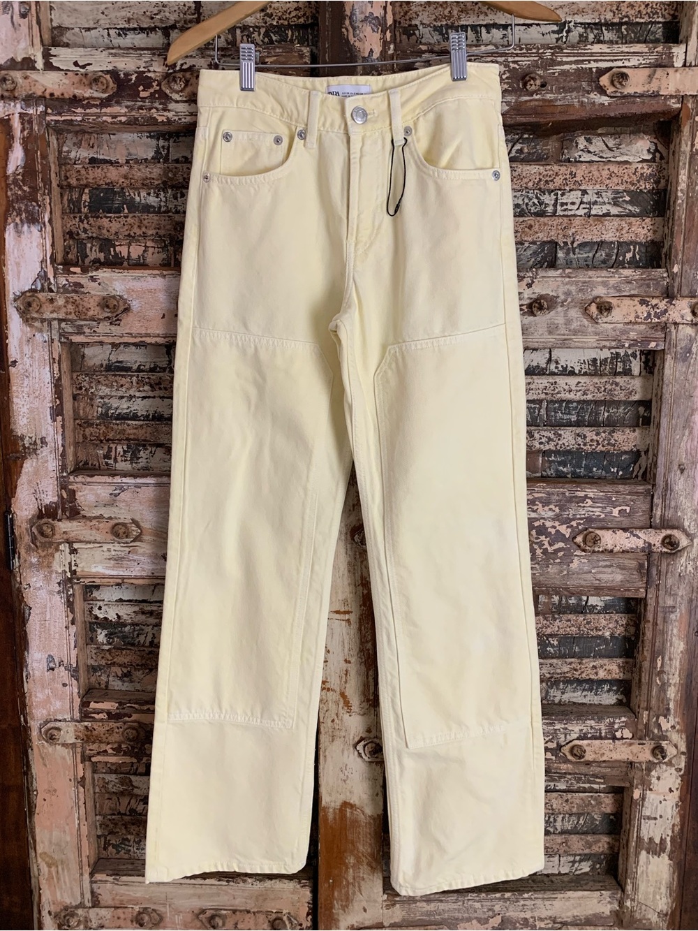 NWOT Zara Woman Pale Yellow Mid-Rise Straight Leg Panel Jeans, Size 2